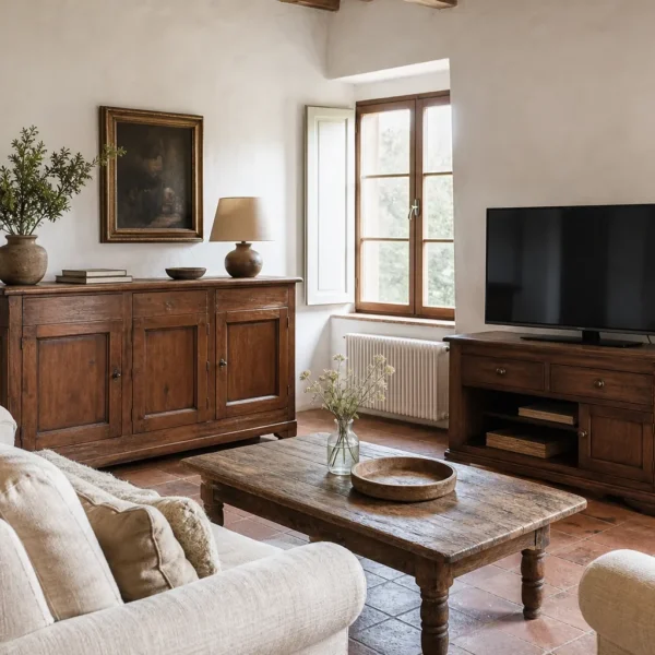 Soggiorno in arte povera con credenza in legno, mobile TV in legno scuro, divano chiaro e pavimento in cotto