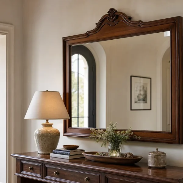 Specchiera classica con cornice in legno appesa sopra una consolle nell'ingresso luminoso di una casa italiana