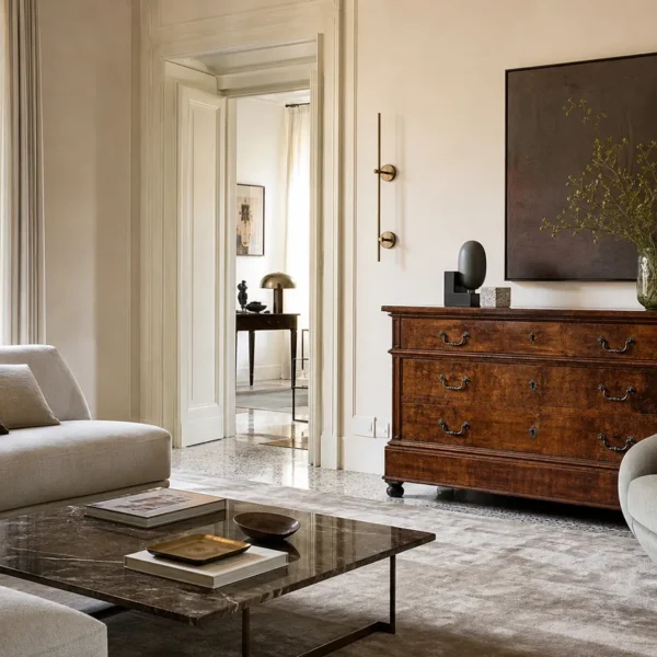 Soggiorno in stile classico contemporaneo con credenza in legno massello e divano dalle linee moderne