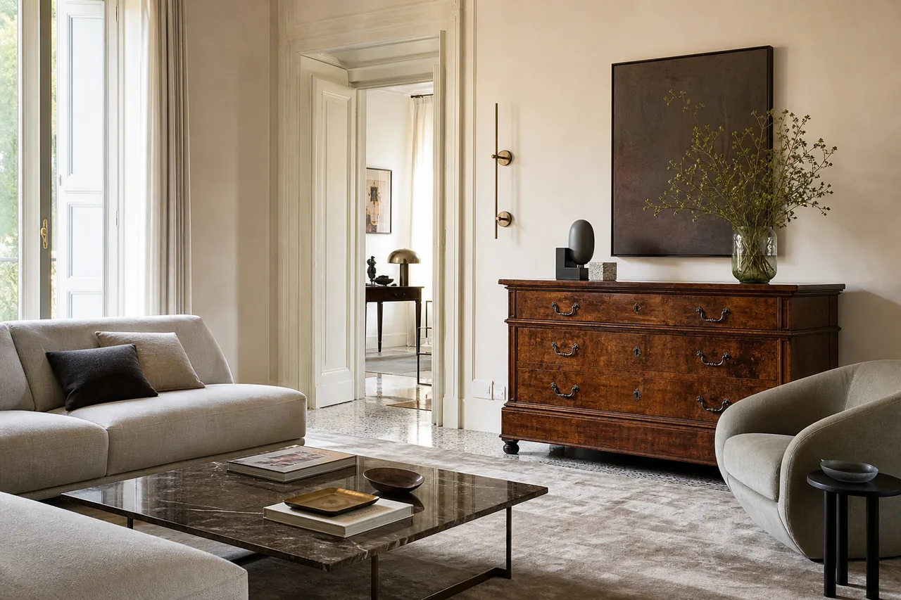 Soggiorno in stile classico contemporaneo con credenza in legno massello e divano dalle linee moderne