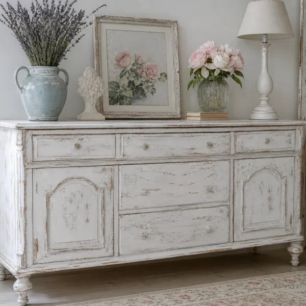 Cassettiera in stile shabby chic con finitura bianca decapata e maniglie in ceramica