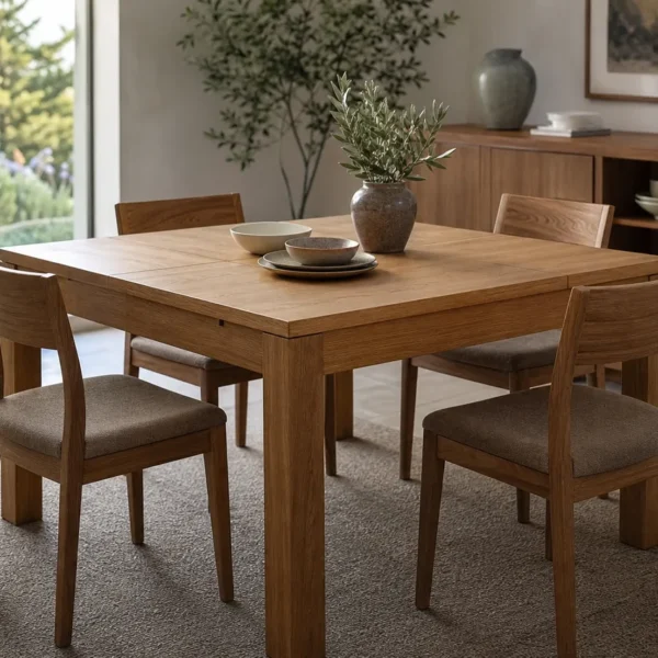 Tavolo quadrato allungabile in legno in una sala da pranzo italiana luminosa, con quattro sedie e luce naturale
