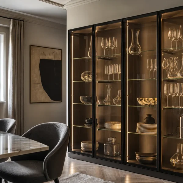Vetrina moderna con ante in vetro e luci LED interne in una sala da pranzo contemporanea