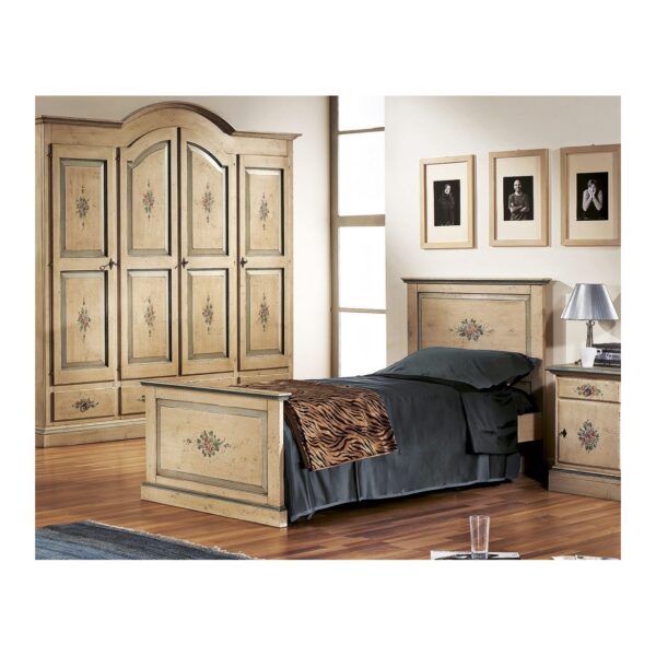 Letto singolo decorato in massello, fondo avorio antico con ornamenti azzurro anticato dipinti a mano