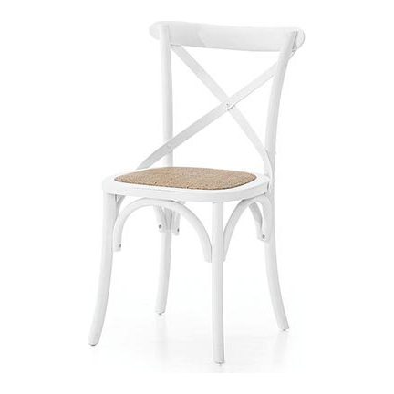 Sedia classica in legno laccata bianca con seduta in rattan naturale e linee spigolate