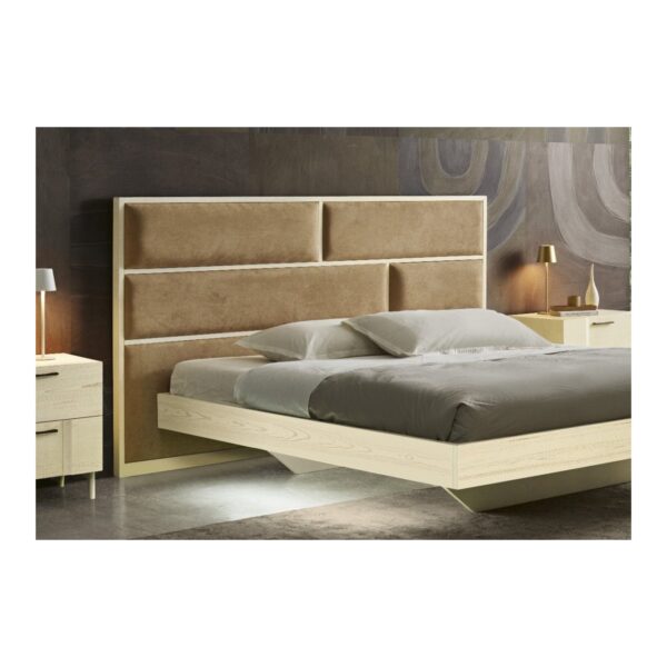 Testata letto matrimoniale in legno impiallacciato rovere, larga 205 centimetri, vista frontale