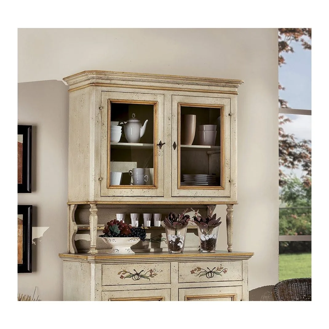 Vetrina alzata 2 porte decorata color avorio antico, 108 cm per lato